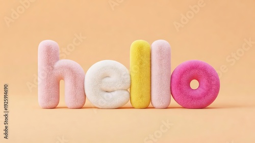 Fluffy soft textured letters spelling 'hello' in pastel pink white yellow and vibrant pink donut against a smooth warm