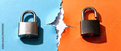 Two padlocks on torn paper background blue and orange colors security concept