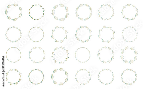 緑のグラデーションの手描きの植物ラインセット。