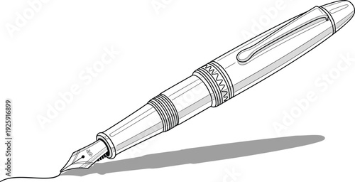Black and White Fountain Pen Line Art Illustration Isolated on White Background with Realistic Shadow Detail for Stationery Design Concept