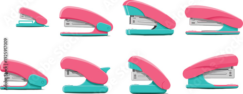Colorful Stapler Set Vector Illustration Featuring Modern Office Stationery Equipment Isolated on White Background in Multiple Angles