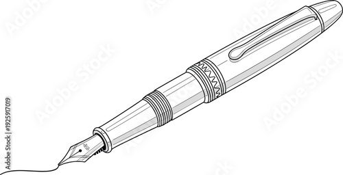 Detailed Fountain Pen Line Art Illustration with Nib and Ink Stroke Isolated on White Background for Writing Concept Design