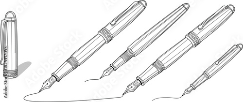 Fountain Pen Set Vector Illustration, Black and White Outline Writing Instrument Collection Isolated on White Background for Calligraphy Design