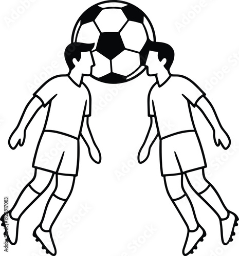Black and white illustration of two male soccer players mid-air simultaneously heading ball, capturing teamwork, athletic energy, competitive sports action, and dynamic match performance scene