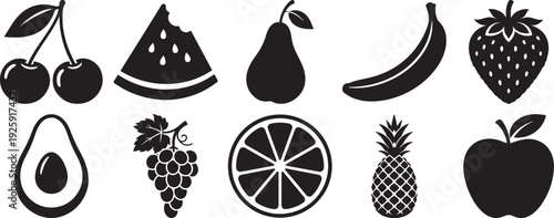 Collection of ten distinct black and white fruit silhouette icons presented as a versatile vector graphic set