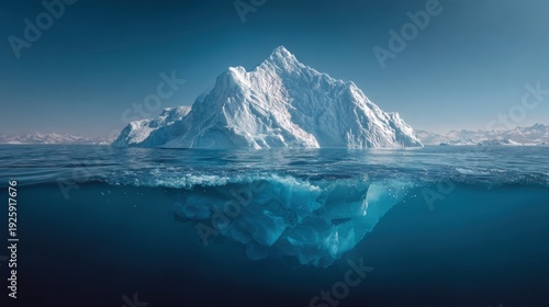 Winter season adventure exploration. A majestic iceberg floating in the ocean, surrounded by a vast expanse of blue water. The sky above is a brilliant blue, and the iceberg is a stark white.
