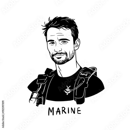 Marine Biologist. Marine Biologist simple black and white line art vector logo