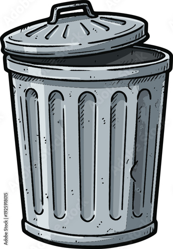 vector illustration of a classic metal trash can with lid using different colors to simulate internal fills and contours in a hand drawn style for waste management icons