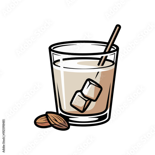 Cypriot Soumada Vector Illustration of Traditional Almond Milk Drink with Ice and Nuts