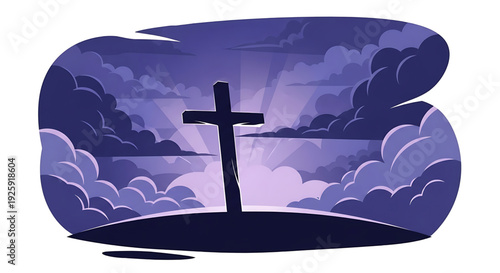 A serene cross stands on a hill surrounded by clouds at dusk with a peaceful lake view