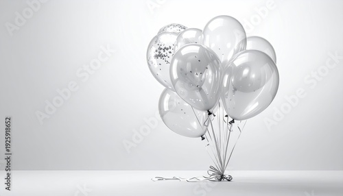 A bunch of clear balloons, some filled with confetti, tied with ribbons, on white
