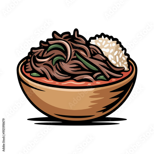 Cuban Ropa Vieja Vector Illustration of Shredded Beef Stew with Rice in Bowl