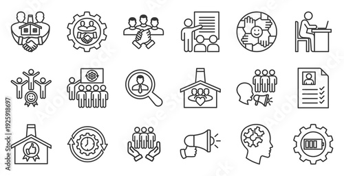 Onboarding outline icon set. Contain employee onboarding, new hire, training, orientation, documentation, process, compliance, time management, gap skill, evaluation, people engagement, communication