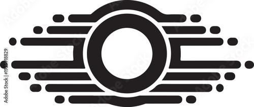 A bold vector illustration of a stylized abstract symbol with a central circle and horizontal lines, resembling a futuristic or technological emblem
