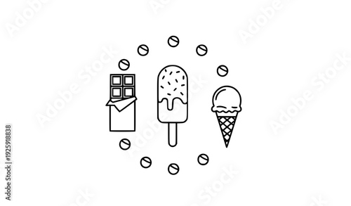 vector illustration of an abstract background Minimal Ice Cream and Chocolate Desserts Circular Line Art with Sprinkles Vector Illustration