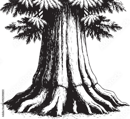 Ancient redwood tree with thick trunk and sprawling roots, detailed sketch of majestic forest giant, natural woodland beauty, detailed wood texture, strong tree base, green canopy