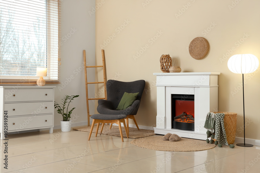 Fototapeta premium Interior of living room with fireplace, armchair and slippers