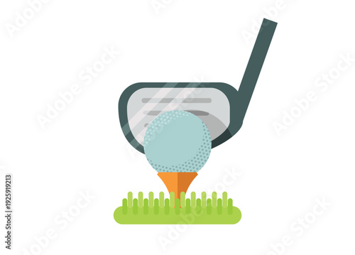Set of golf ball, tee, and stick on the grass. Simple flat illustration.