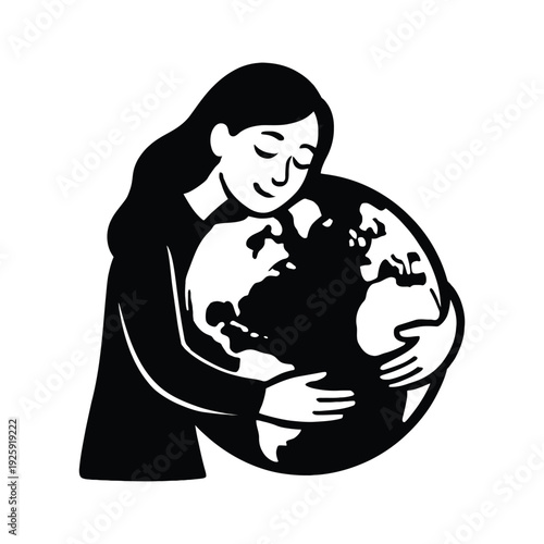 Young woman hugging the Earth silhouette icon
