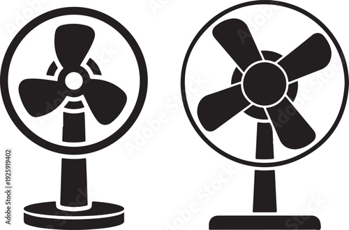 Two electric fans, one with three blades and other with four, represent cooling appliances and air circulation devices for home or office