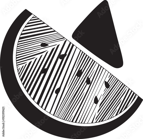 Watermelon slice sketch with seeds and rind pattern showing textured fruit segments and separate piece for summer picnic refreshment and tropical food design elements