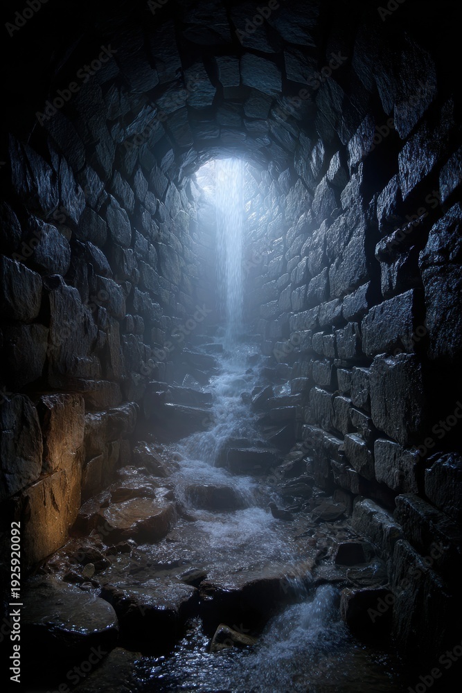 Fototapeta premium Winter season adventure exploration. A stone tunnel illuminated by a bright light at the end, revealing a stream of water running through it. The walls of the tunnel are made of stones.