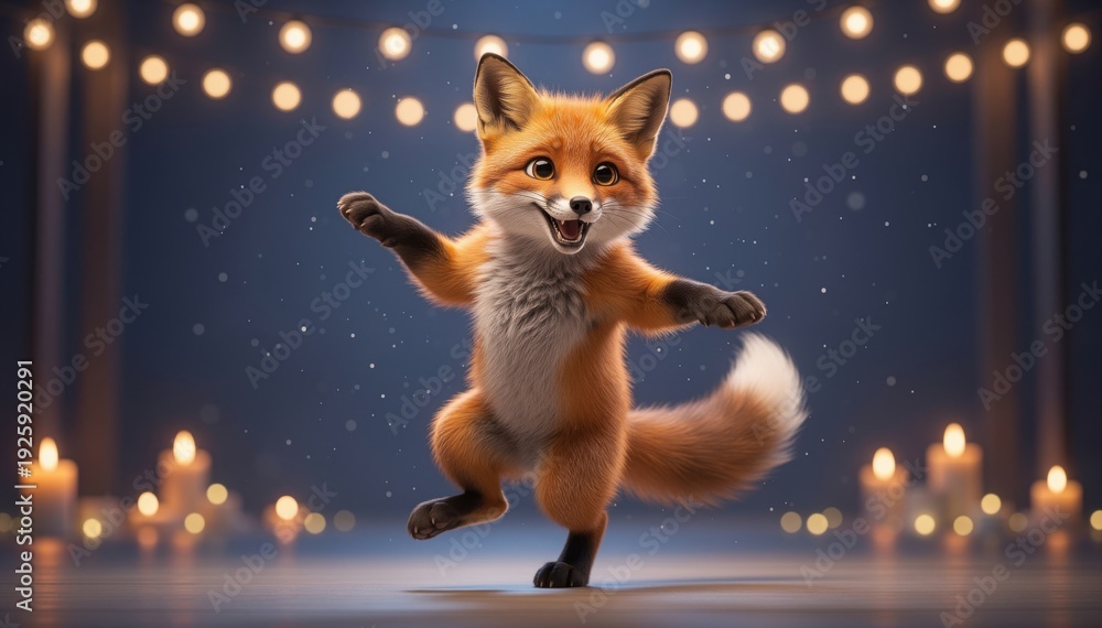 Fototapeta premium Enchanting Fox Performance: A charming fox, embodying playful innocence, dances with joyous abandon under a canopy of twinkling lights. Amidst soft candlelight.