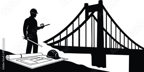 Black silhouette of engineer wearing hard hat holding walkie talkie and ruler near construction blueprint and helmet with bridge background vector art for labor day celebration