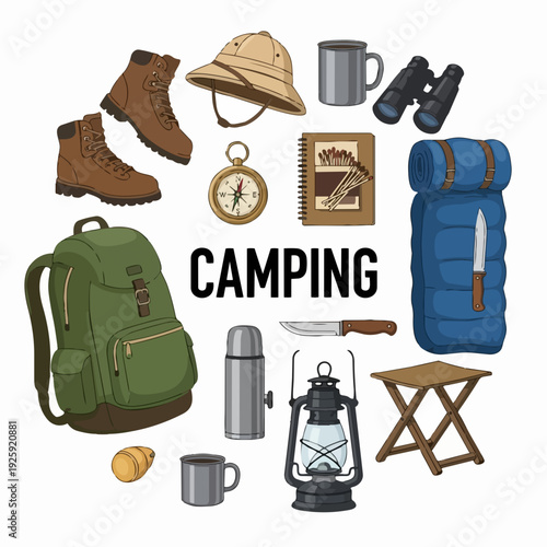 Camping Gear Essentials Collection Illustration.
