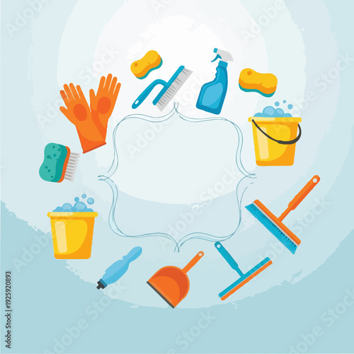Collection of cleaning supplies arranged in a circle around a blank space.