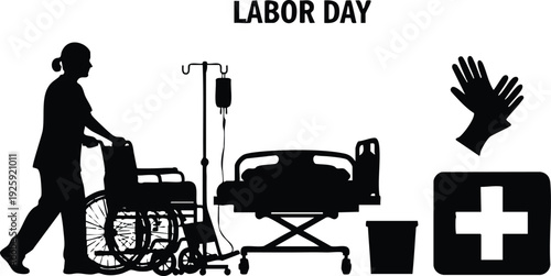 Silhouette of nurse pushing wheelchair near hospital bed iv drip medical gloves and first aid box vector illustration celebrating labor day healthcare and nursing theme