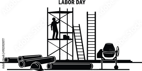 Black silhouette of construction worker standing on scaffolding with ladder pipes hard hat and cement mixer labor day celebration vector art