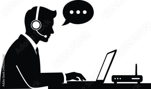 Flat design vector art of customer service representative typing on laptop wearing headset with microphone speech bubble communicating online on labor day holiday celebration