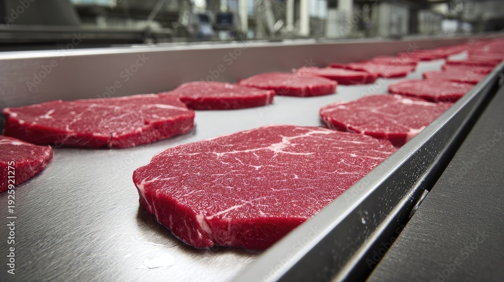 Fototapeta premium Freshly Cut Raw Beef Steak Slices Arranged Neatly on a Metallic Surface Ready for Processing in a Food Production Facility
