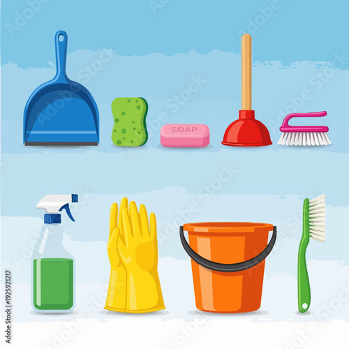 Collection of cleaning supplies and tools for household chores.