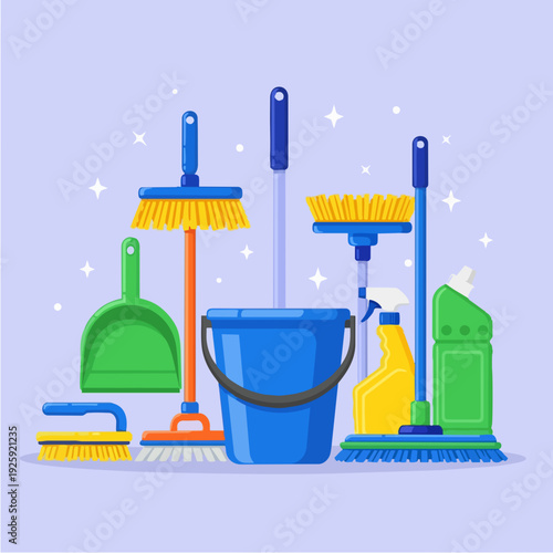 Collection of cleaning supplies and tools for household chores.