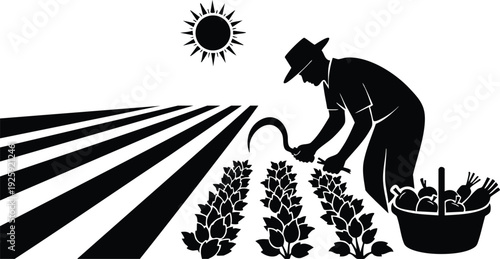 Black silhouette of farmer harvesting crops with sickle under bright sun in flat design style vector art celebrating labor day labor day canva svg
