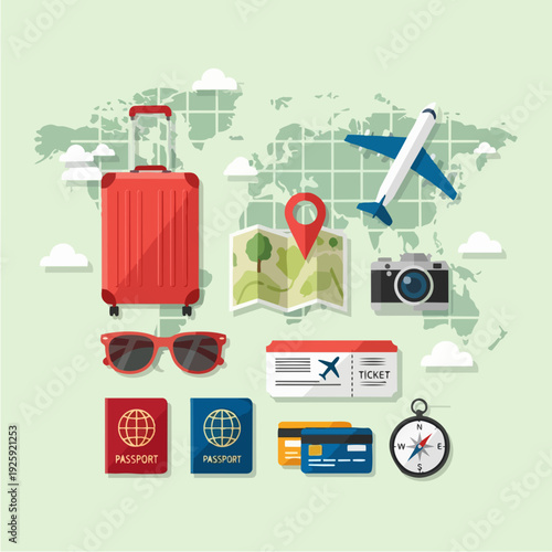 Travel essentials arranged on a world map background.