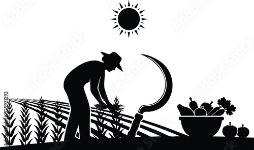 Black silhouette vector art of farmer harvesting crops with sickle standing on field under sun and fresh vegetable basket representing labor day celebration and hard work concept