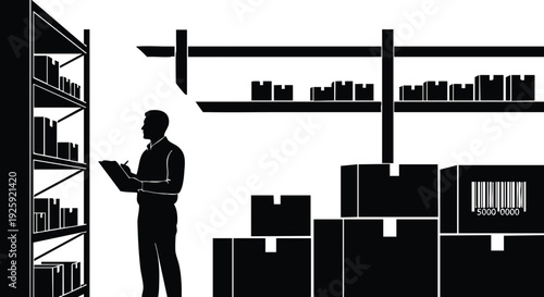 Minimalist black silhouette of standing man checking inventory with clipboard in organized warehouse with stacked boxes and shelves in flat design style