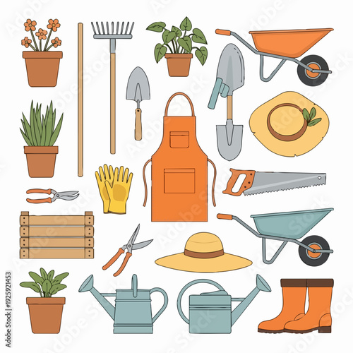 Collection of Garden Tools and Supplies for Gardening.