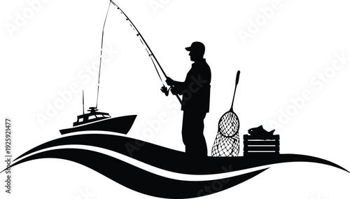 Silhouette of a fisherman casting fishing rod near boat with fishing net and crate on flowing water waves in minimalist black vector design