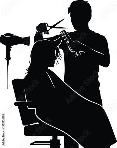 Minimalist silhouette vector art of hairstylist cutting female clients hair with scissors and comb in modern salon chair for labor day celebration design