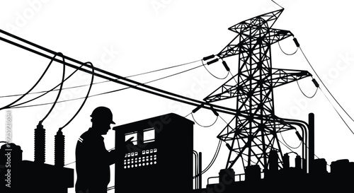 Black silhouette of electrical worker checking power control panel near high voltage transmission towers with cables during labor day celebration vector art