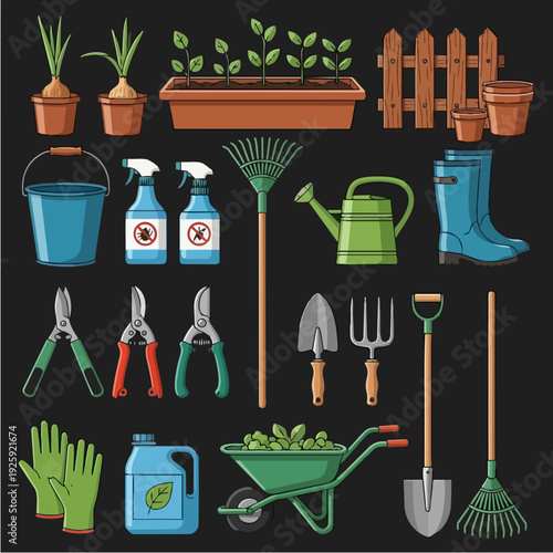Gardening Tools and Supplies Collection Illustration.