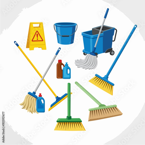 Cleaning supplies including mops buckets and brooms arranged neatly.