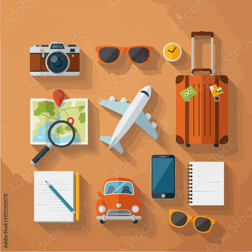 Travel essentials flat lay with airplane camera and luggage.