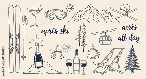 Après Ski Winter Mountain Icons Seamless Hand Drawn Illustration Pattern