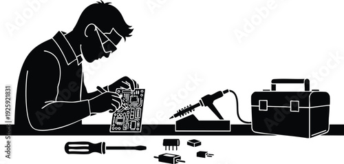 Silhouette vector art of man soldering circuit board at workbench with tools toolbox and electronic parts in minimalist style laboratory setting for labor day celebration