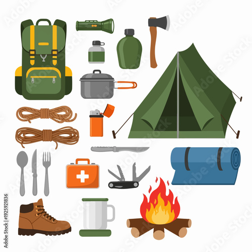 Camping and hiking equipment collection for outdoor adventure.